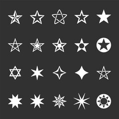 Image shows an array of twenty different white star designs arranged on a dark gray background