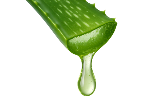 Cut aloe plant dripping juice close-up isolated on transparent background