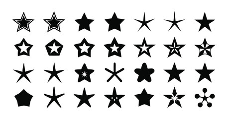 Thirty black star icons with varied shapes and designs are arranged in a grid pattern on a white background