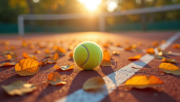 A tennis ball lies on the court surrounded by autumn leaves illuminated by the sunset