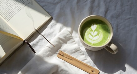 A cup of matcha latte with latte art next to an open book on a white cloth.