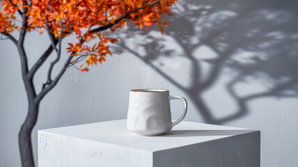 A minimalist product photography setup featuring a white concrete platform against a light gray wall.