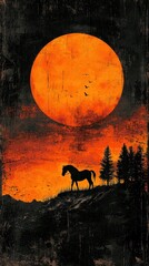 Naklejka premium A solitary horse silhouetted against a fiery sunset