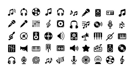 Music Icon Set – Vector Illustration of Musical Notes, Sound, Vinyl Record, Piano, Radio, Speaker, and Audio Symbols © Tasin