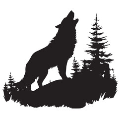 Silhouette of a howling wolf standing on a hill surrounded by trees