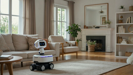Elderly Woman Using AI Assistant Robot at Home