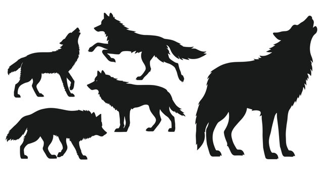 Silhouette depiction of five wolves in various stances including howling and walking