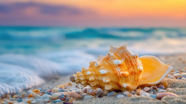 A close-up of a seashell resting on pebbled sand by the ocean shore during a colorful sunset.