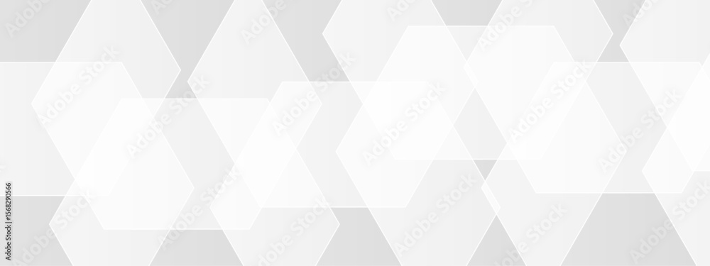 Wall mural abstract seamless background with overlapping translucent white hexagons on a light gray to white gr