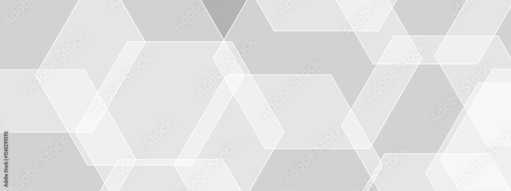 Wall mural abstract seamless background with overlapping translucent white hexagons on a light gray to white gr
