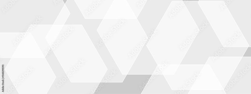 Wall mural abstract seamless background with overlapping translucent white hexagons on a light gray to white gr