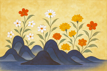 Watercolor Floral Illustration with Daisies and Mountains on Yellow Background
