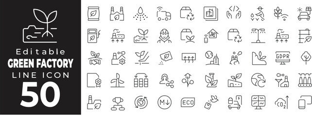 Editable stroke icon collection representing eco-friendly and sustainable manufacturing. Includes icons of green factories, solar panels, wind turbines, recycling, clean energy, emission control
