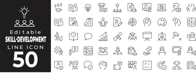Editable stroke icon collection representing skill building, learning, and personal growth. Includes icons like books, graduation cap, gears, lightbulb, training, online course, certificate, workshop,
