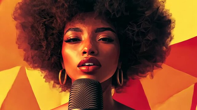 A talented AfricanAmerican female singer passionately holds a microphone, expressing her artistry in vibrant colors that capture her love for music and performance in an energetic way