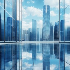 Modern city office space with glass reflections