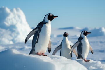 Obraz premium A group of Adelie penguins (Pygoscelis adelie) leaving their nesting colony on a foraging trip, Antarctic