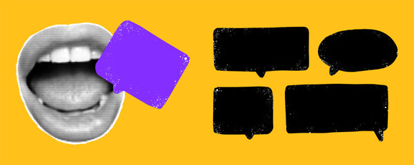 A collection of speech bubbles in varying shapes and textures contrasted against a bright background. These elements create an engaging retro collage perfect for artistic projects or communication.