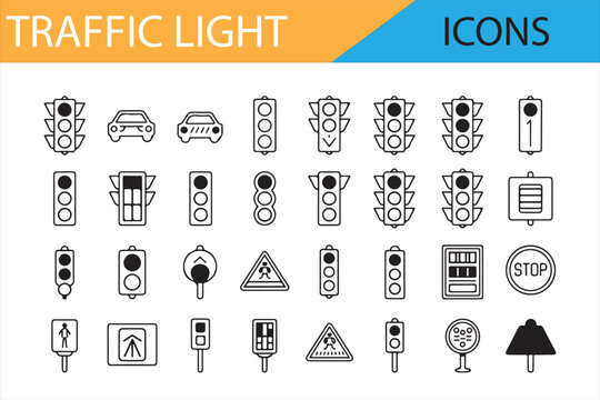Road Signs, Stoplights, and Pedestrian Signals in Simple Line Art
