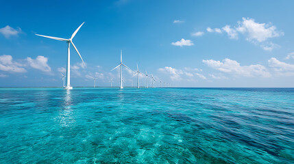 Offshore Wind Farm Crystal Clear Water Deep Turquoise Sea Smooth Surface Clean Sky Open Area
