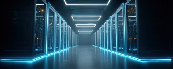 A futuristic data center corridor with illuminated server racks and glowing blue LED lights creating a sleek, high-tech atmosphere.