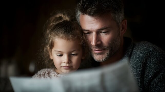 Father teaching daughter to read financial news