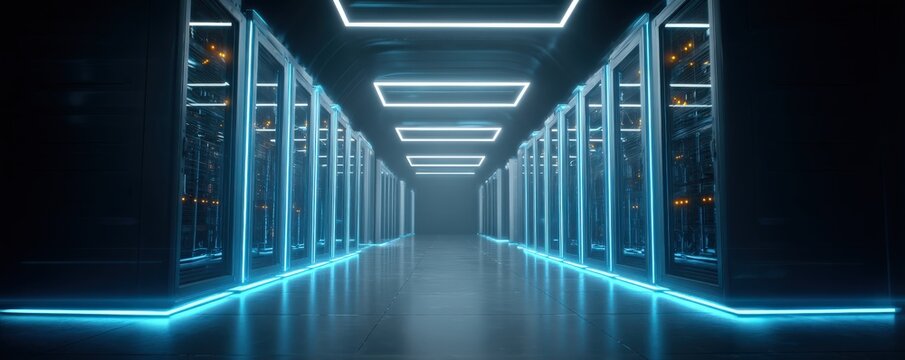 A futuristic data center corridor with illuminated server racks and glowing blue LED lights creating a sleek, high-tech atmosphere.