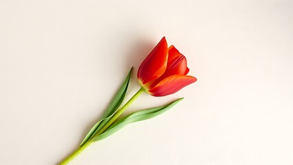 A lone red tulip rests on a textured beige surface, captured from a minimalist top-down perspective.