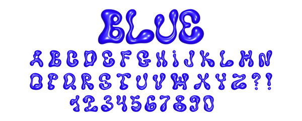 Wavy 3D font showcasing liquid letters and numbers in a glossy blue texture with a playful design suitable for various creative applications and projects