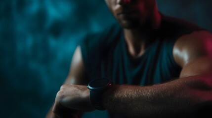 Athlete tracking heart rate on smartwatch during intense workout
