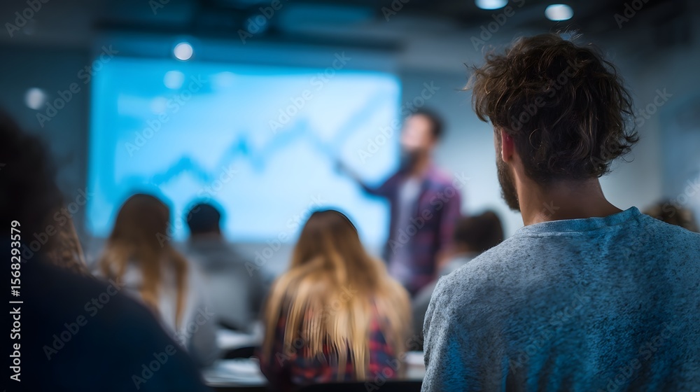 Poster university students analyzing graphs on a projector screen