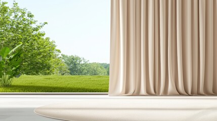 Scandinavian Inspired Beige Living Room A large window with beige curtains, overlooking a green garden.