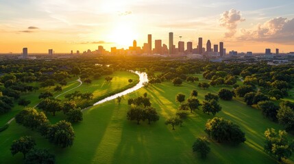 Stunning aerial view of lush green golf course with winding fairways leading to a vibrant city skyline at sunset