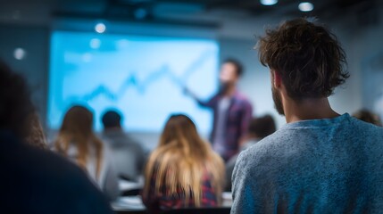 University students analyzing graphs on a projector screen