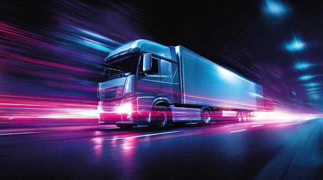 A futuristic truck speeding through a tunnel with vibrant light trails, highlighting motion and advanced transport technology.