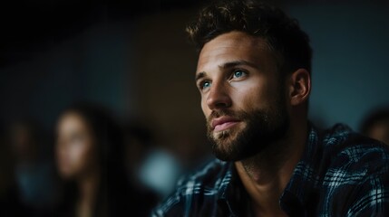 Man attending night school class on investing with evening lighting