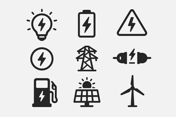 Energy icons: electricity symbols for renewable and power sources