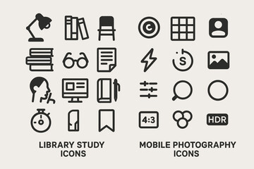 Library study and mobile photography icon set for creative projects