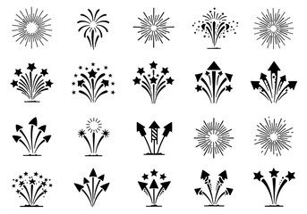 Assorted Black Fireworks and Rocket Silhouettes Set