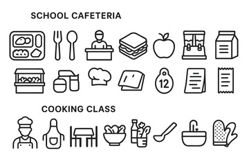 School cafeteria and cooking class icons: food, chef, kitchen items, dining, education