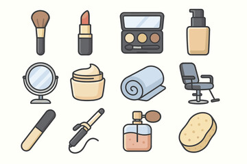 Set of makeup and beauty icons: lipstick, brush, mirror, cream, perfume, and more