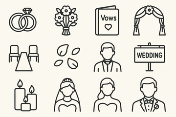 Fototapeta premium Wedding icon set featuring symbols of rings, flowers, vows, and couples