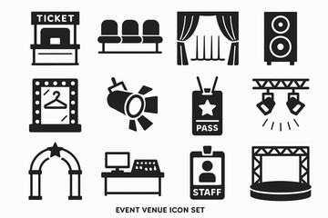 Event venue icon set: tickets, stage, seating, lighting, sound equipment