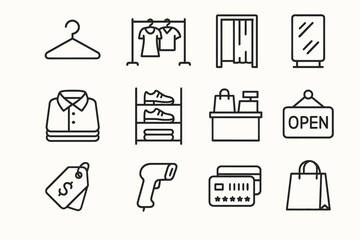 Retail store icon set: hanger, clothing rack, fitting room, mirror, shirt, shoes, checkout, open sign, price tag, scanner, credit card, shopping bag