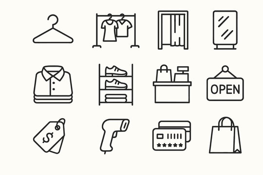 Retail store icon set: hanger, clothing rack, fitting room, mirror, shirt, shoes, checkout, open sign, price tag, scanner, credit card, shopping bag