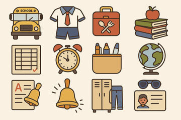 Educational icons: school bus, uniform, lunchbox, books, globe, bell, lockers, and supplies