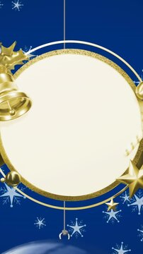 Animation of christmas decorations around white circular sign over falling stars on blue background