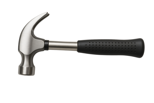 Steel claw hammer with black rubber grip isolated on transparent background