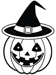 Spooky black and white Halloween pumpkin with carved face and witch hat perfect for festive decor or eerie design themes.