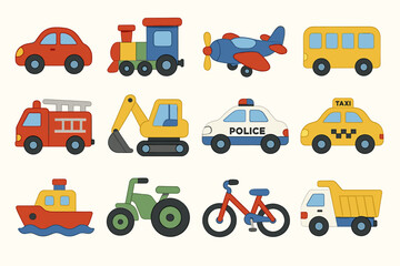 Colorful cartoon vehicles for kids: cars, trucks, and more transportation fun